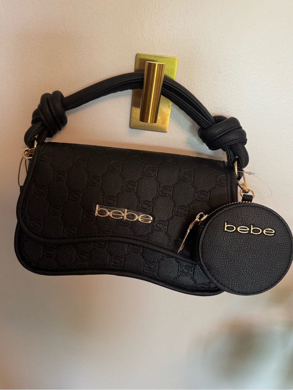 NWT bebe Romina Embossed Crossbody Bag Black Gold Logo w/ Coin Pouch